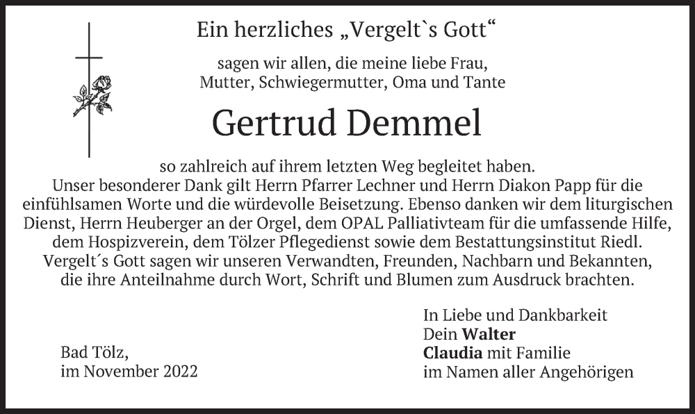 Traueranzeige für Gertrud Demmel vom 30.11.2022 aus merkurtz