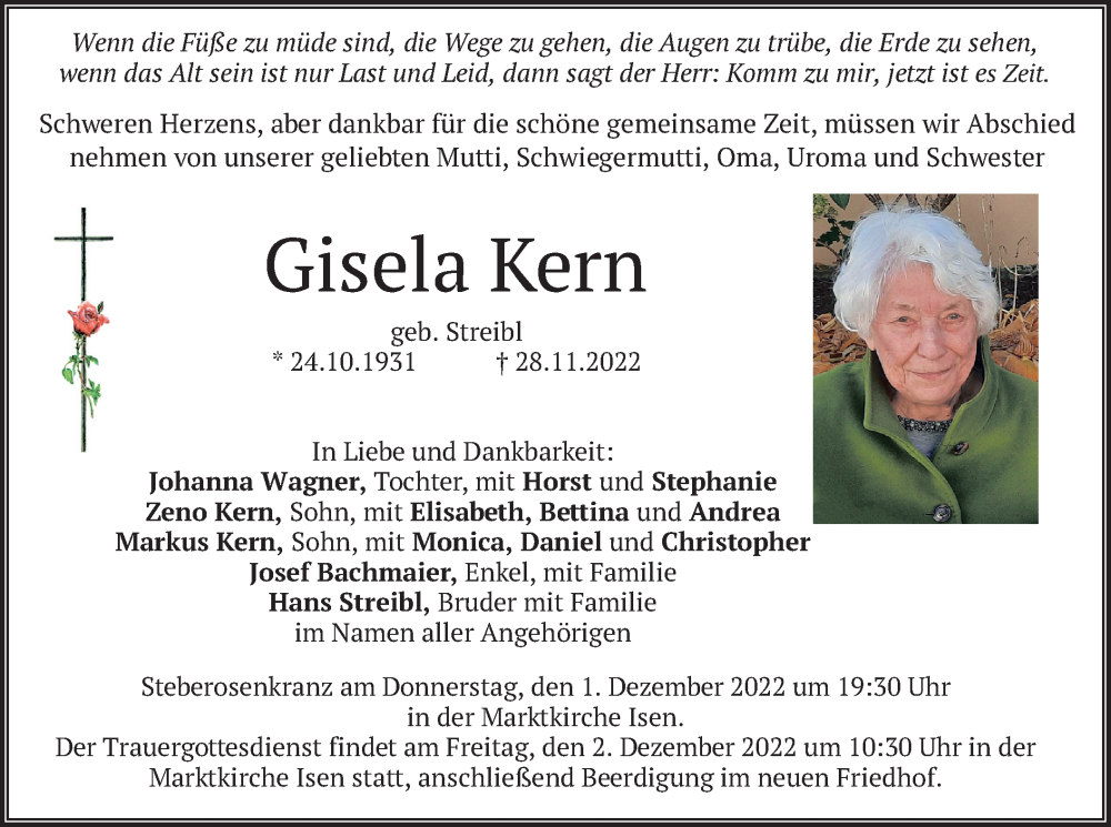  Traueranzeige für Gisela Kern vom 30.11.2022 aus merkurtz