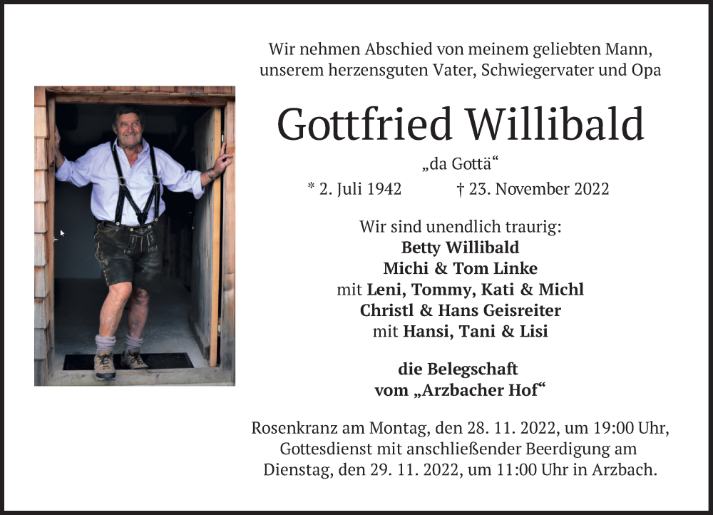 Traueranzeige für Gottfried Willibald vom 26.11.2022 aus merkurtz