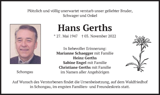 Traueranzeige von Hans Gerths von merkurtz