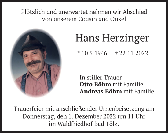 Traueranzeige von Hans Herzinger von merkurtz