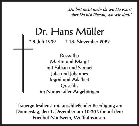 Traueranzeige von Hans Müller von merkurtz