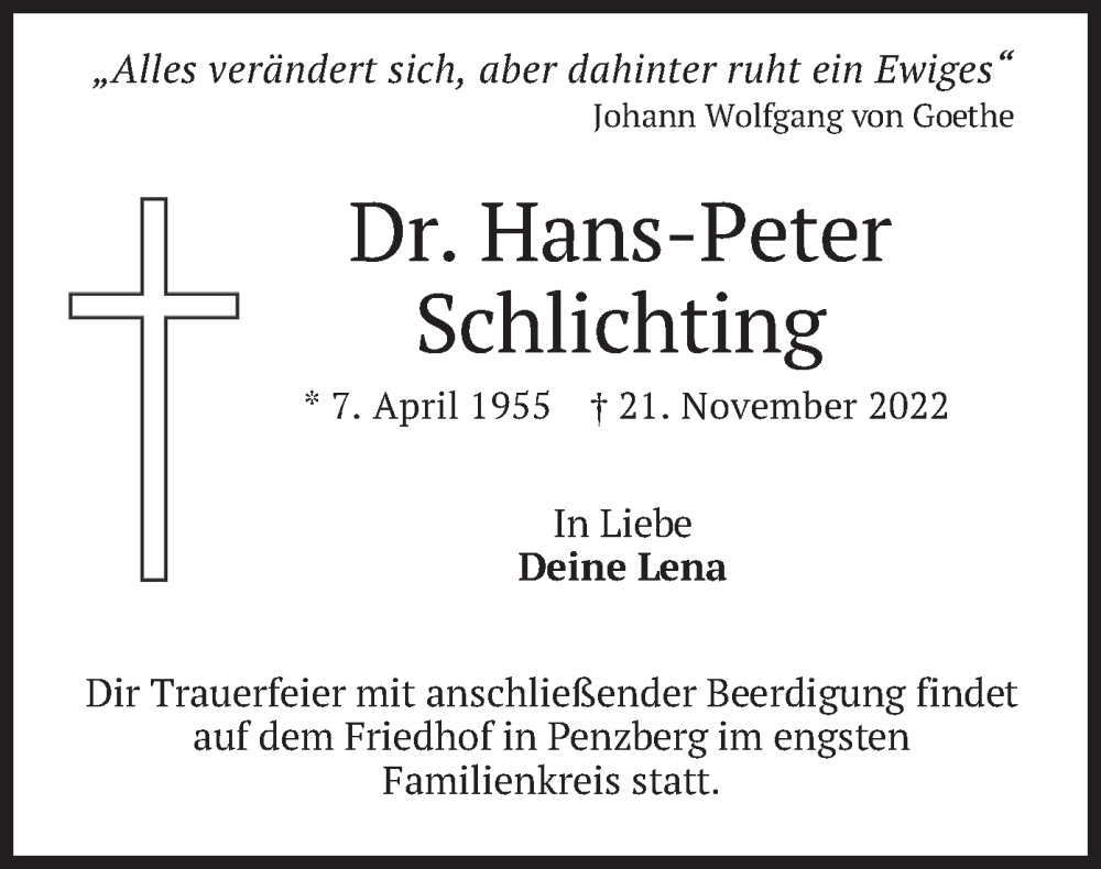  Traueranzeige für Hans-Peter Schlichting vom 26.11.2022 aus merkurtz