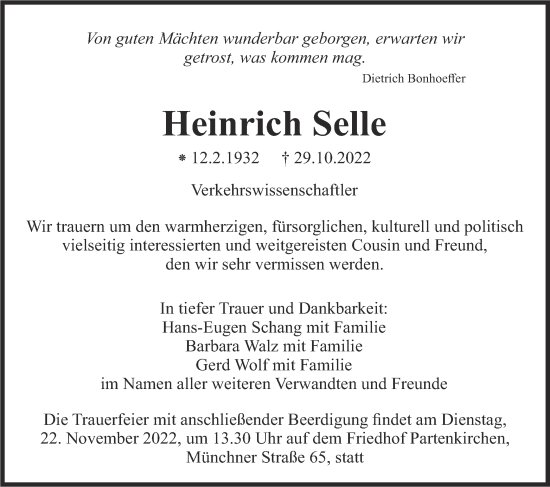 Traueranzeige von Heinrich Selle von merkurtz