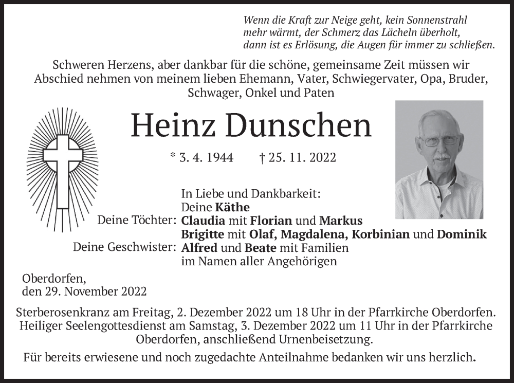 Traueranzeige für Heinz Dunschen vom 29.11.2022 aus merkurtz