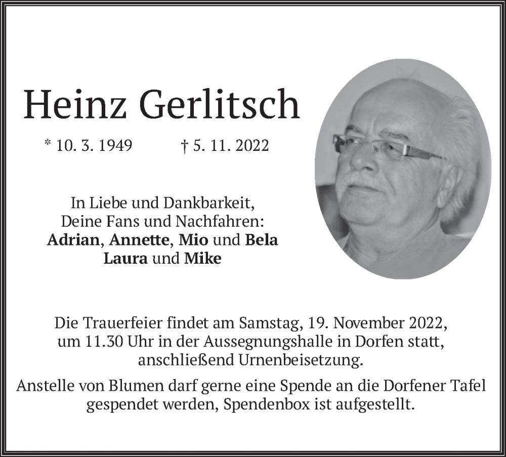  Traueranzeige für Heinz Gerlitsch vom 16.11.2022 aus merkurtz