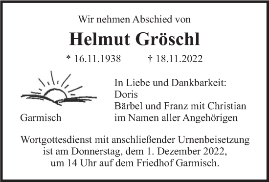 Traueranzeige von Helmut Gröschl von merkurtz