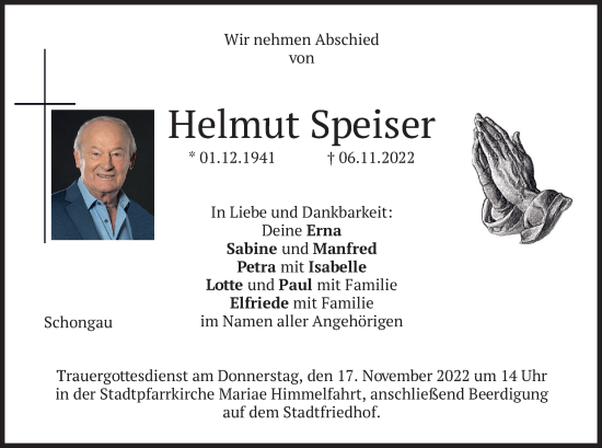 Traueranzeige von Helmut Speiser von merkurtz