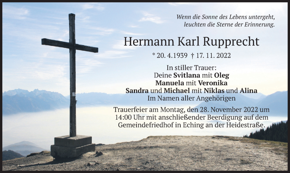  Traueranzeige für Hermann Karl Rupprecht vom 24.11.2022 aus merkurtz