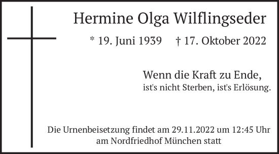 Traueranzeige von Hermine Olga Wilflingseder von merkurtz