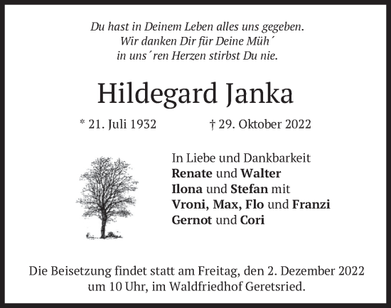 Traueranzeige von Hildegard Janka von merkurtz