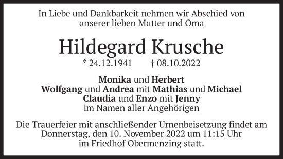 Traueranzeige von Hildegard Krusche von merkurtz