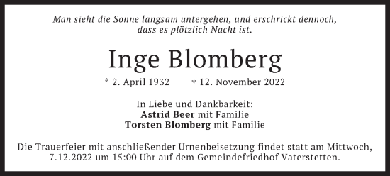 Traueranzeige von Inge Blomberg von merkurtz