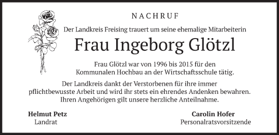 Traueranzeige von Ingeborg Glötzl von merkurtz