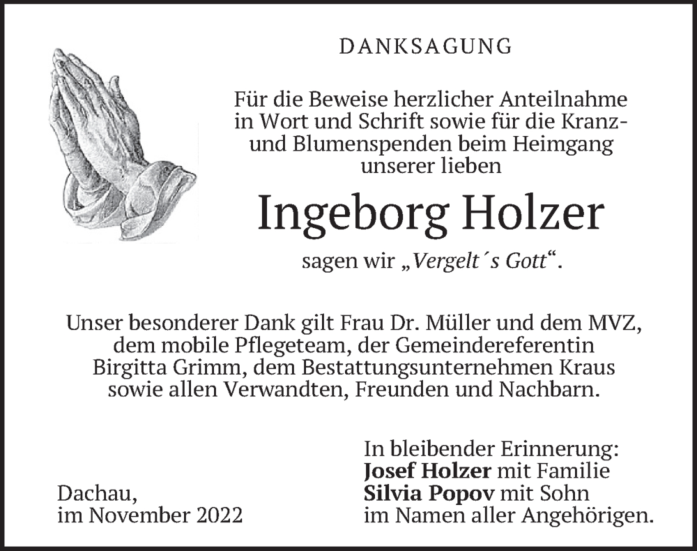  Traueranzeige für Ingeborg Holzer vom 12.11.2022 aus merkurtz