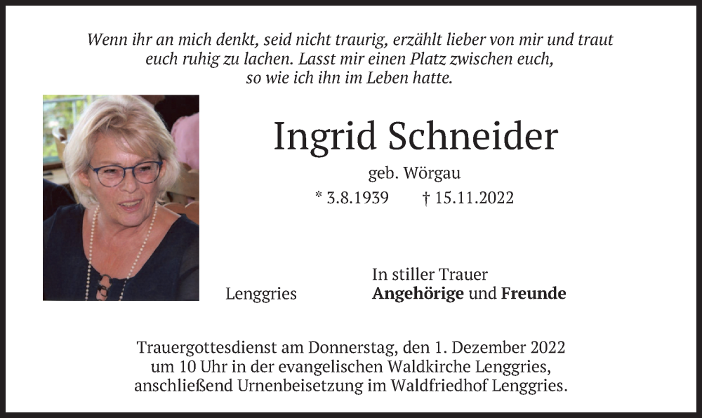  Traueranzeige für Ingrid Schneider vom 29.11.2022 aus merkurtz