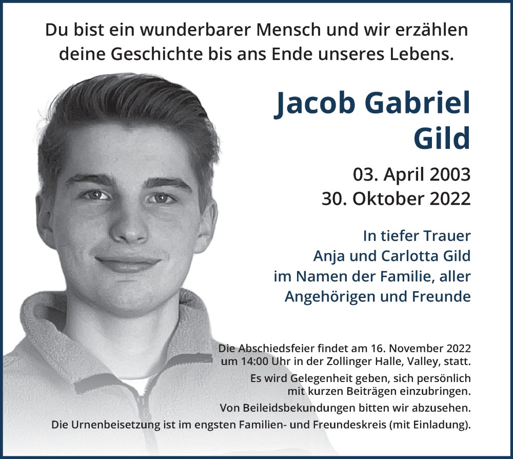  Traueranzeige für Jacob Gabriel Gild vom 10.11.2022 aus merkurtz