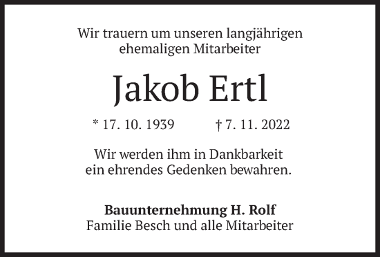 Traueranzeige von Jakob Ertl von merkurtz