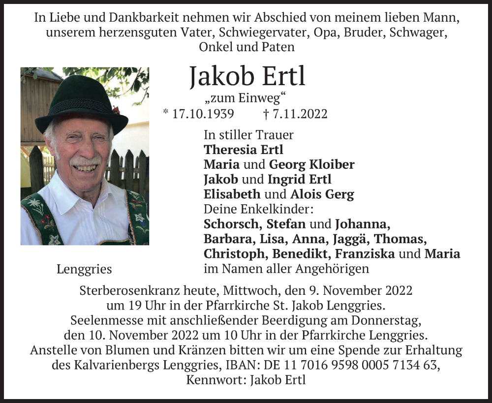  Traueranzeige für Jakob Ertl vom 09.11.2022 aus merkurtz