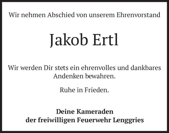 Traueranzeige von Jakob Ertl von merkurtz