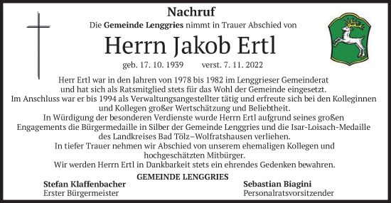 Traueranzeige von Jakob Ertl von merkurtz