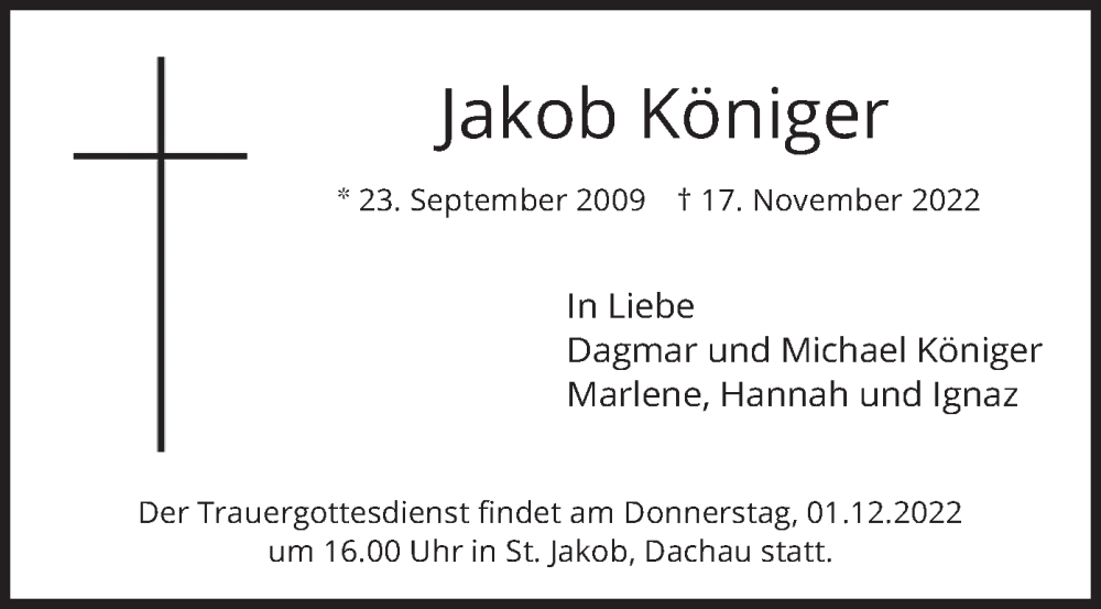  Traueranzeige für Jakob Königer vom 26.11.2022 aus merkurtz