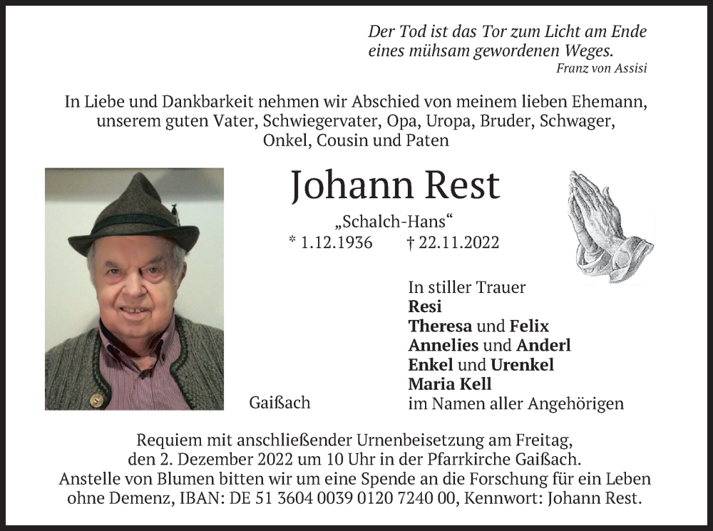  Traueranzeige für Johann Rest vom 30.11.2022 aus merkurtz