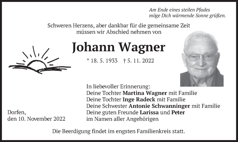  Traueranzeige für Johann Wagner vom 10.11.2022 aus merkurtz