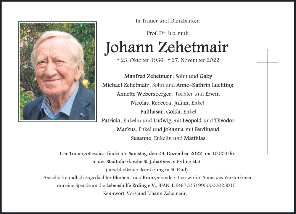  Traueranzeige für Johann Zehetmair vom 30.11.2022 aus merkurtz