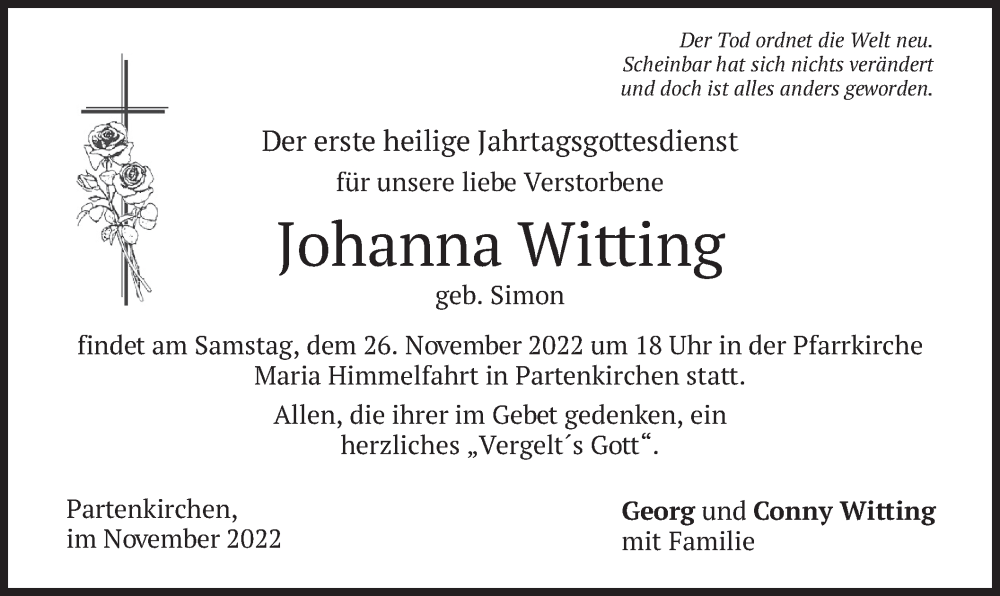  Traueranzeige für Johanna Witting vom 24.11.2022 aus merkurtz