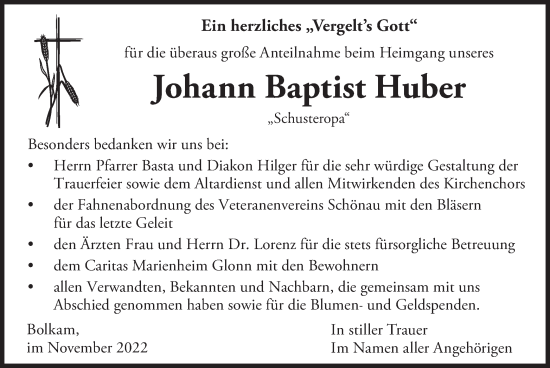 Traueranzeige von Johann Baptist Huber