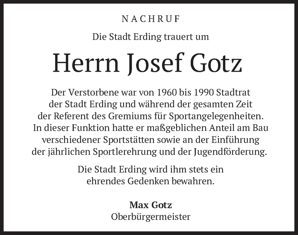  Traueranzeige für Josef Gotz vom 30.11.2022 aus merkurtz