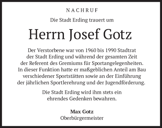 Traueranzeige von Josef Gotz von merkurtz