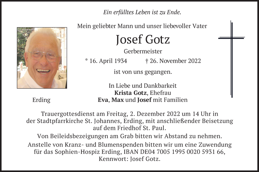  Traueranzeige für Josef Gotz vom 29.11.2022 aus merkurtz