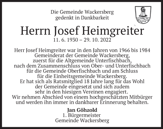 Traueranzeige von Josef Heimgreiter von merkurtz