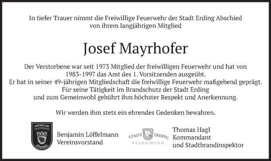 Traueranzeige von Josef Mayrhofer von merkurtz