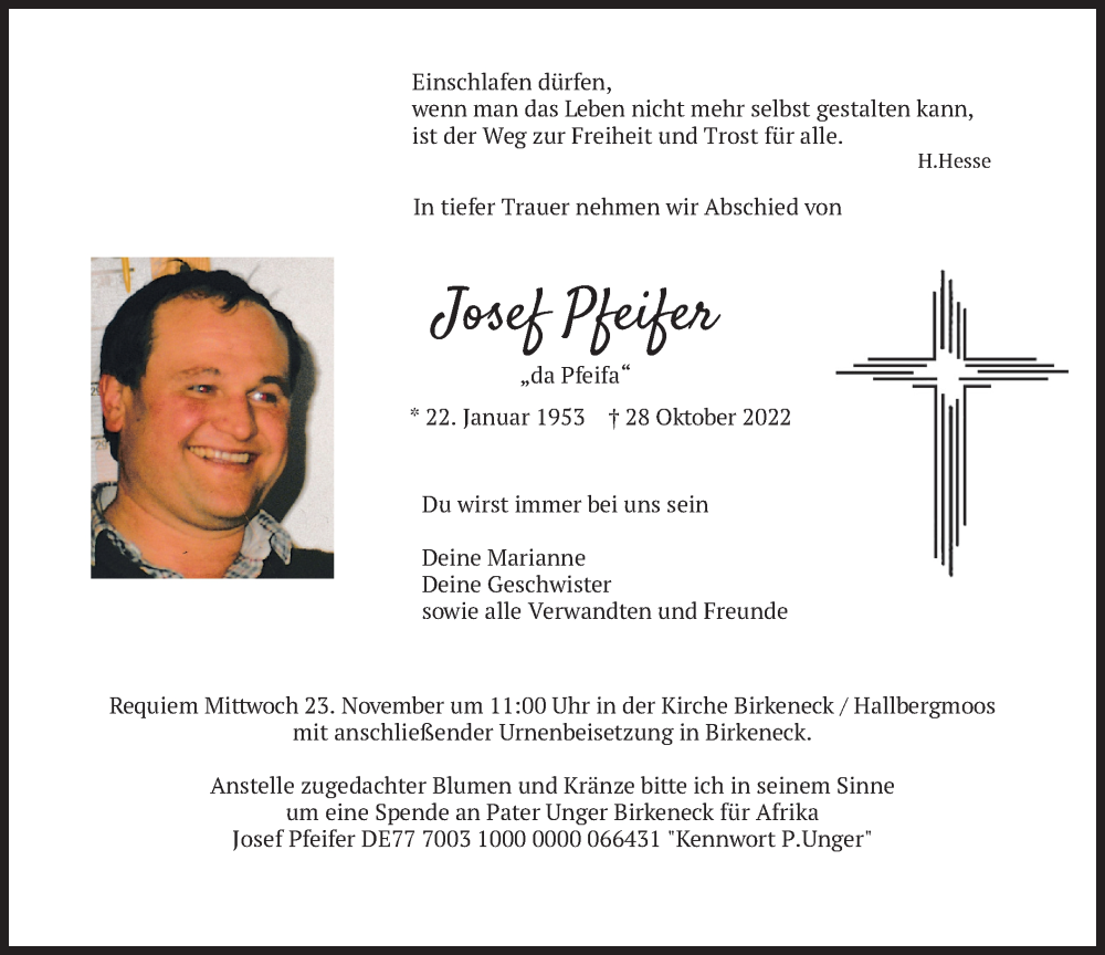  Traueranzeige für Josef Pfeifer vom 19.11.2022 aus merkurtz