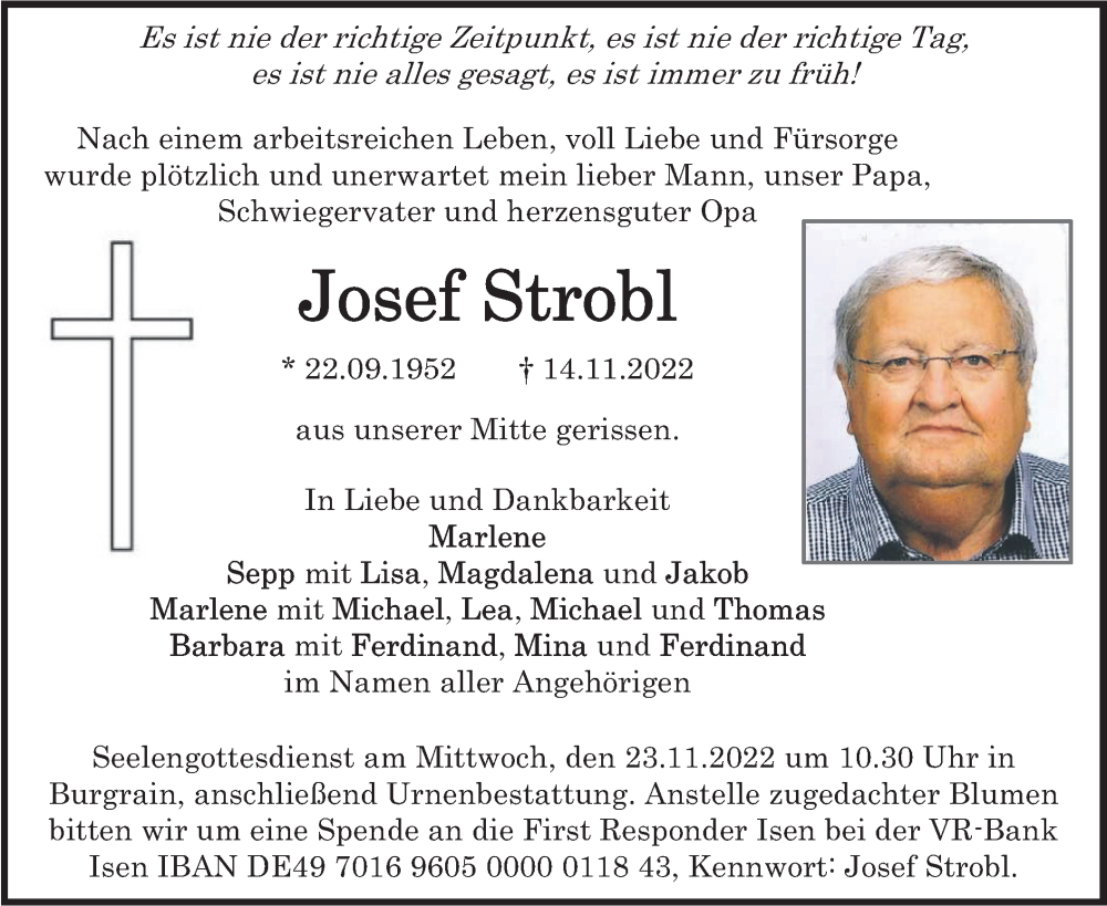  Traueranzeige für Josef Strobl vom 21.11.2022 aus merkurtz