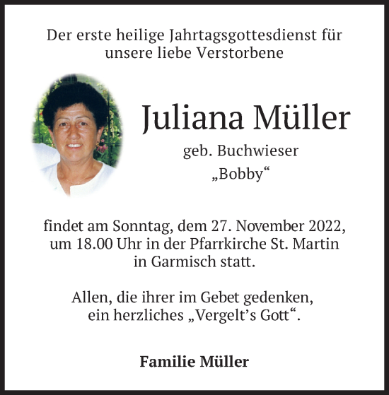 Traueranzeige von Juliana Müller von merkurtz