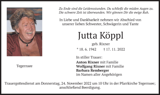 Traueranzeige von Jutta Köppl von merkurtz