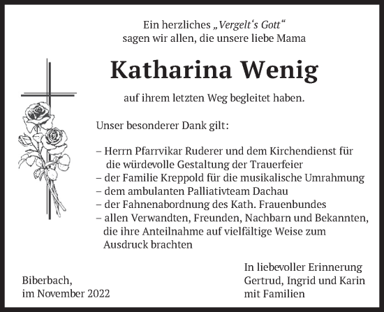 Traueranzeige von Katharina Wenig von merkurtz