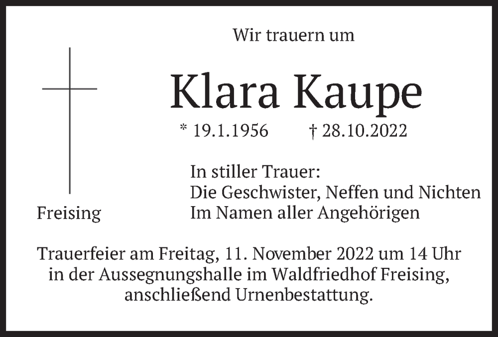  Traueranzeige für Klara Kaupe vom 10.11.2022 aus merkurtz