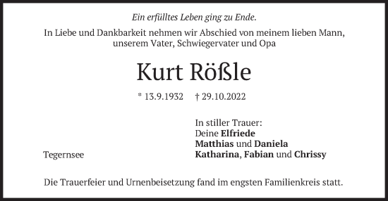 Traueranzeige von Kurt Rößle von merkurtz