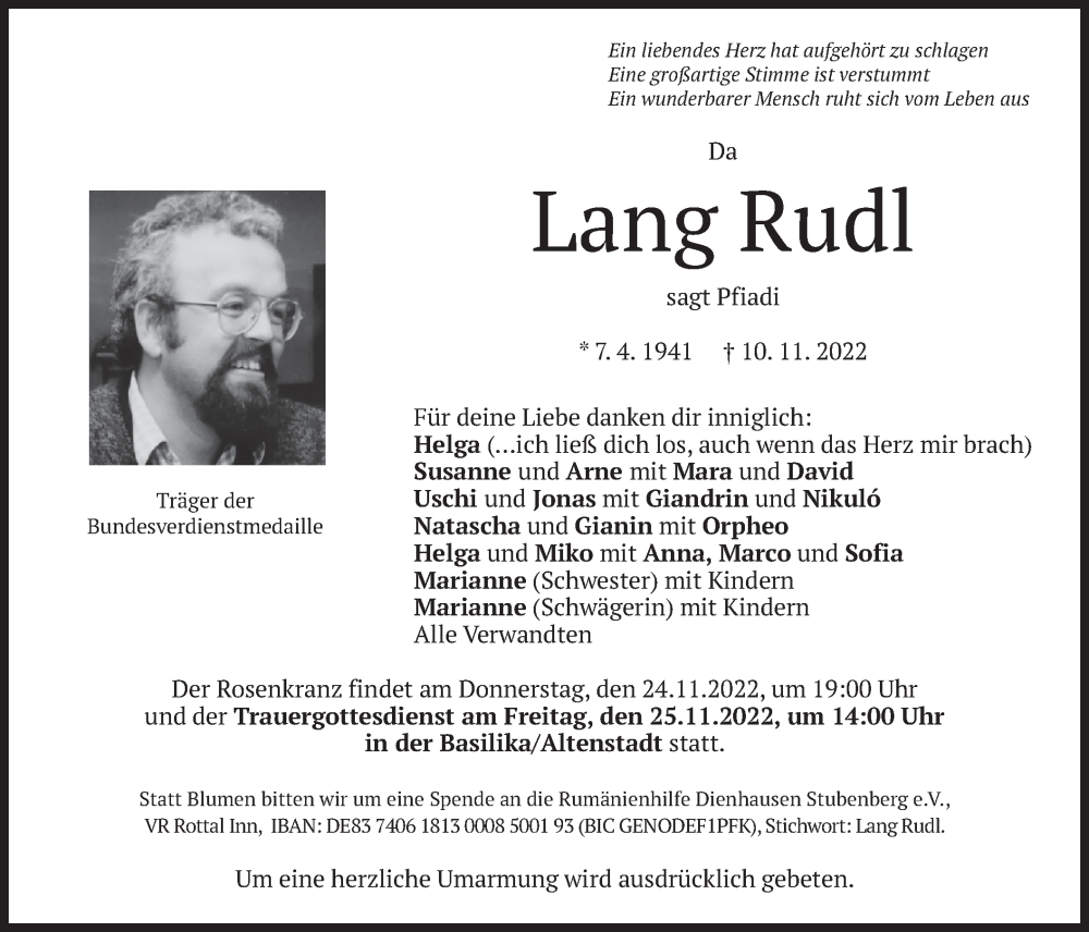  Traueranzeige für Lang Rudl vom 19.11.2022 aus merkurtz