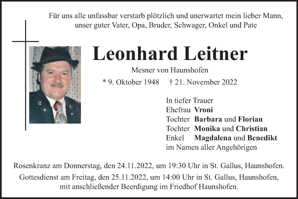  Traueranzeige für Leonhard Leitner vom 24.11.2022 aus merkurtz