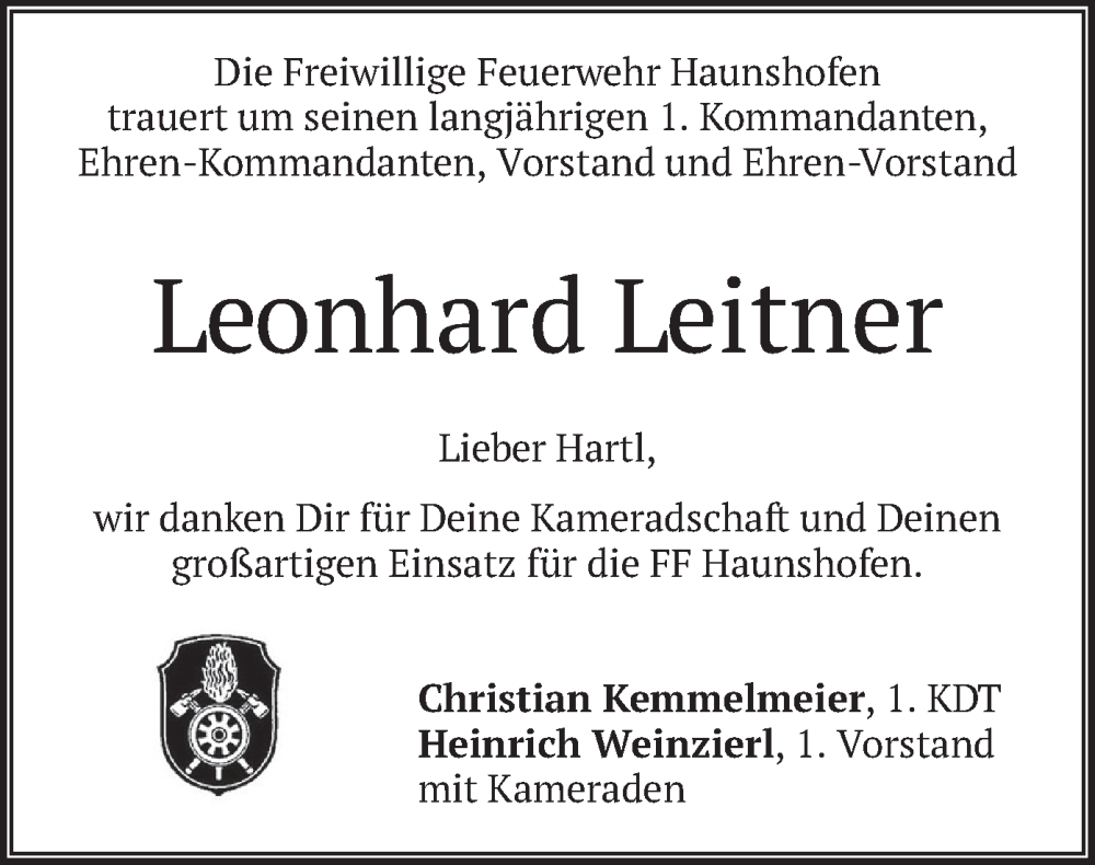  Traueranzeige für Leonhard Leitner vom 25.11.2022 aus merkurtz