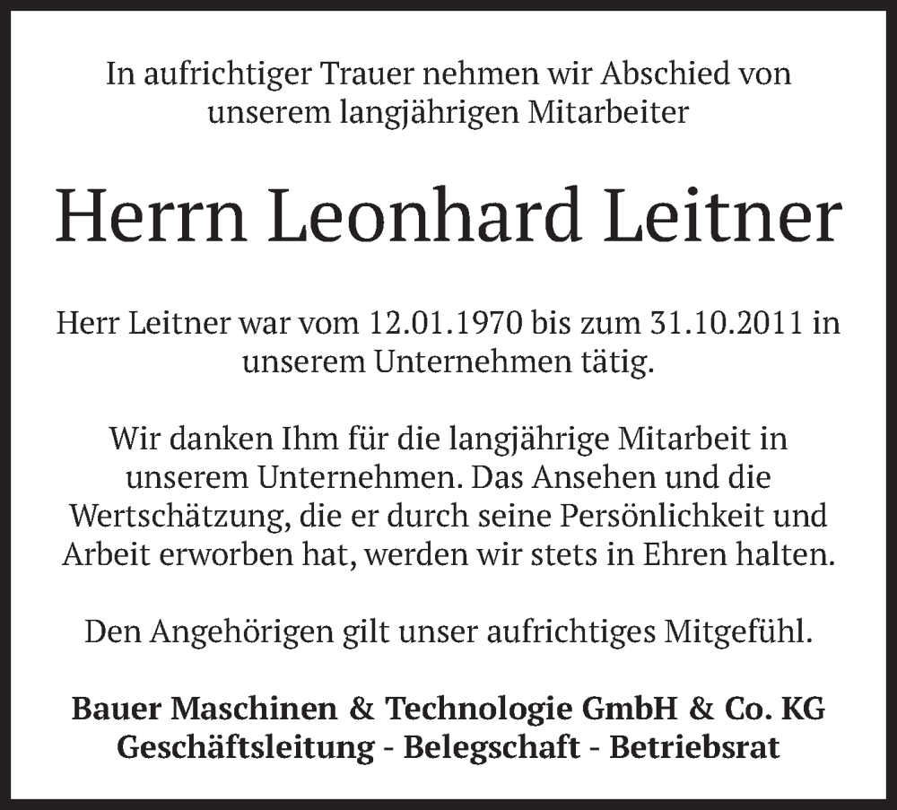  Traueranzeige für Leonhard Leitner vom 25.11.2022 aus merkurtz