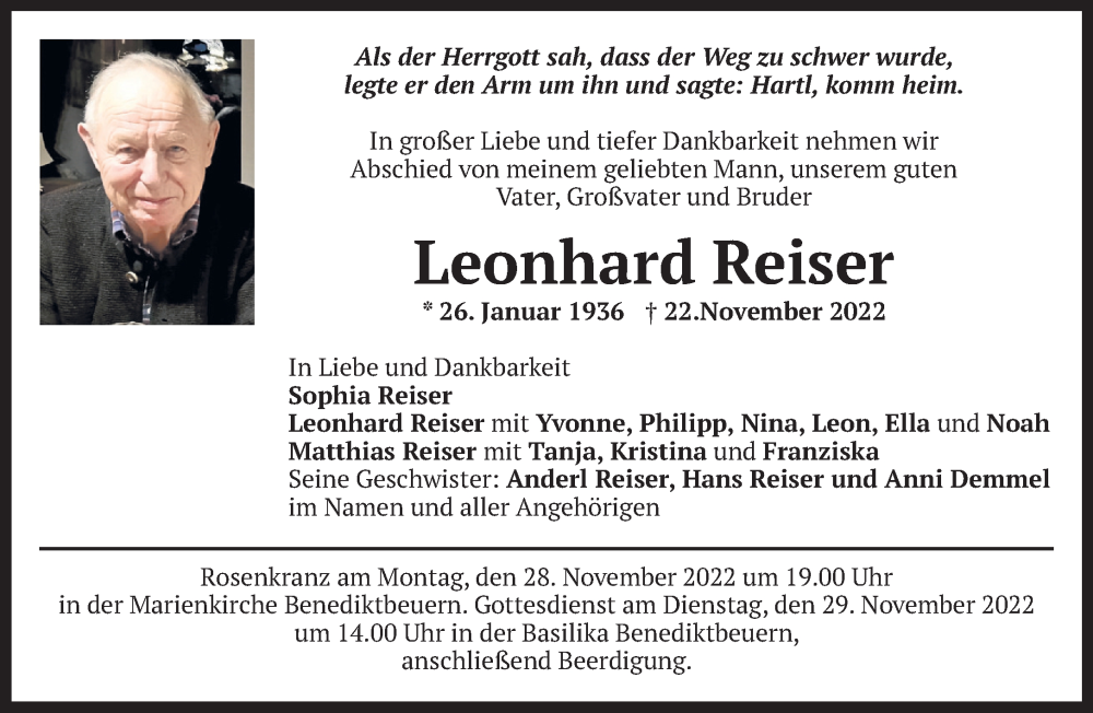  Traueranzeige für Leonhard Reiser vom 26.11.2022 aus Das Gelbe Blatt Penzberg