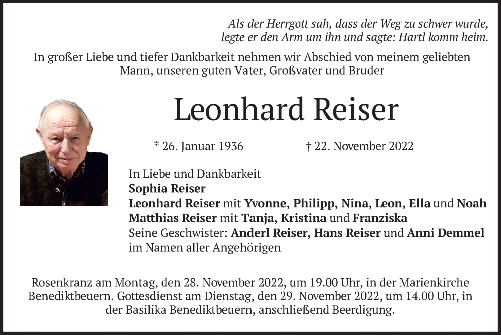  Traueranzeige für Leonhard Reiser vom 26.11.2022 aus merkurtz