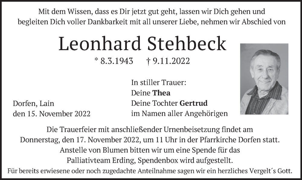  Traueranzeige für Leonhard Stehbeck vom 15.11.2022 aus merkurtz